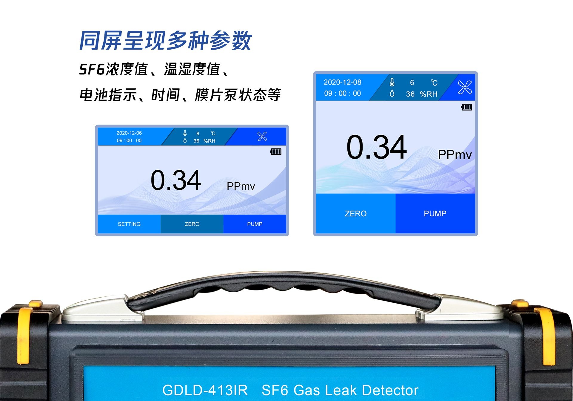 同屏呈现多种参数，SF6浓度值，温湿度值，电池指示、时间、膜片泵状态等